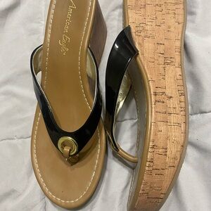 American Eagle Outfitters Black and Tan Wedge Sandals